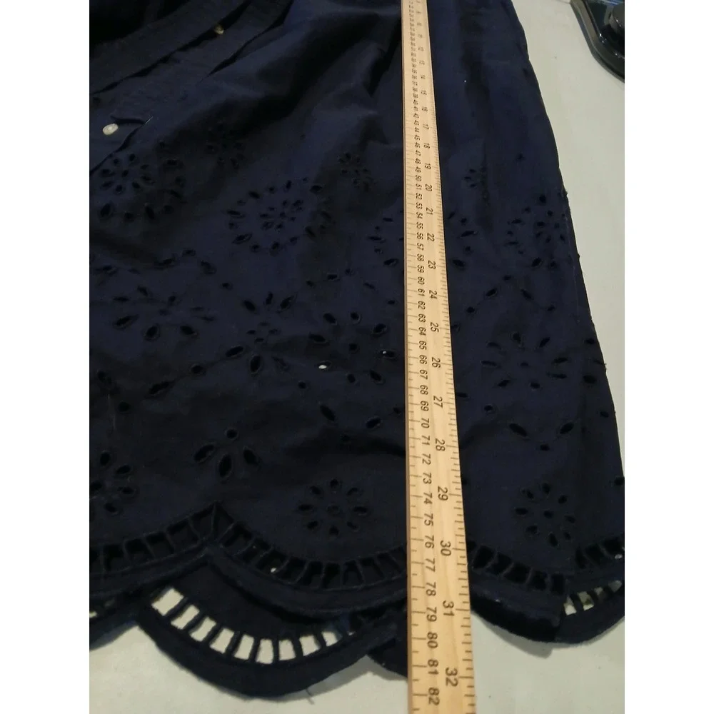 Free Assembly Navy Blue Eyelet Midi Skirt Button Front Scallop Hem Womens Size M
